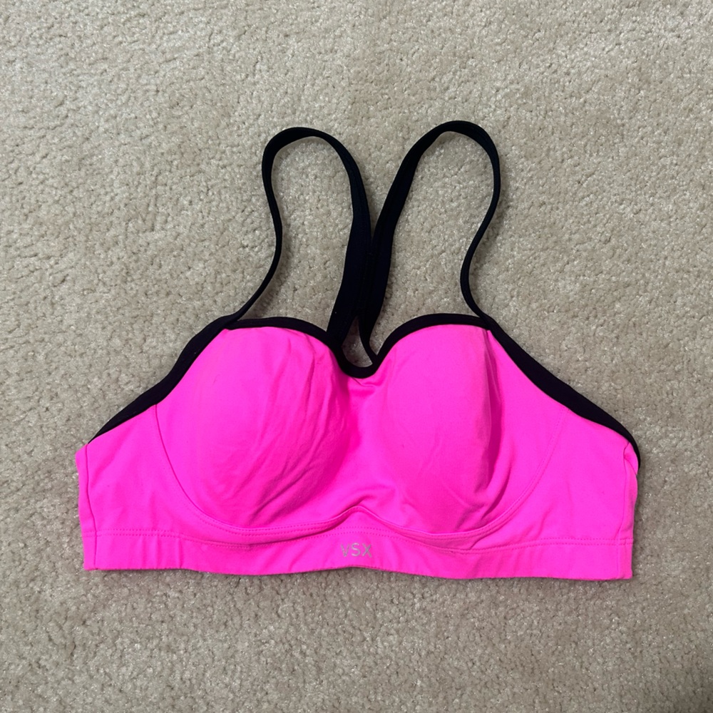 Victoria Secret VSX Sport Bra 36B Underwear Hot Pink Black Trim Adjustable Band
